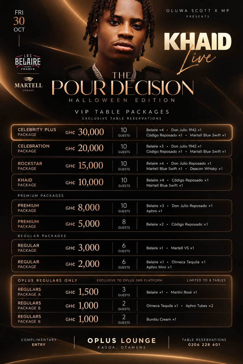 The Pour Decision Halloween edition featuring Khaid live at Oplus Lounge on Friday 30 October. Table packages range from GH₵1,000 to GH₵30,000. Full package details are listed below.